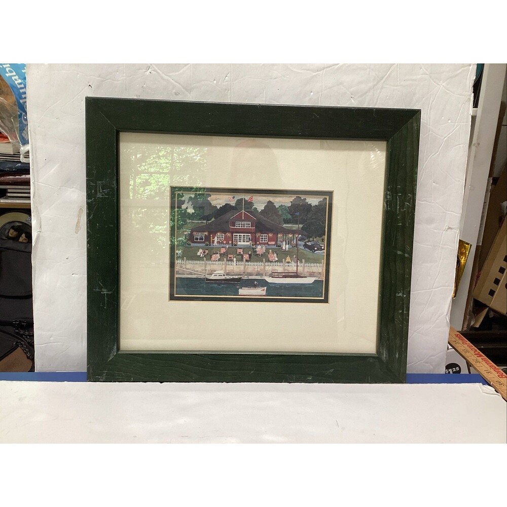 charles wysocki framed folk art waterfront clubhouse yacht club 14.5”x12.5”